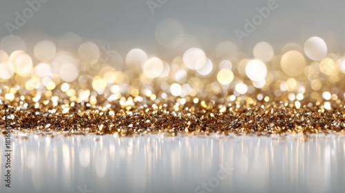 Sparkling Golden Glitter Shimmering on a Soft Surface with Blurred Background Ideal for Celebrations, Crafts, and Festive Decorations