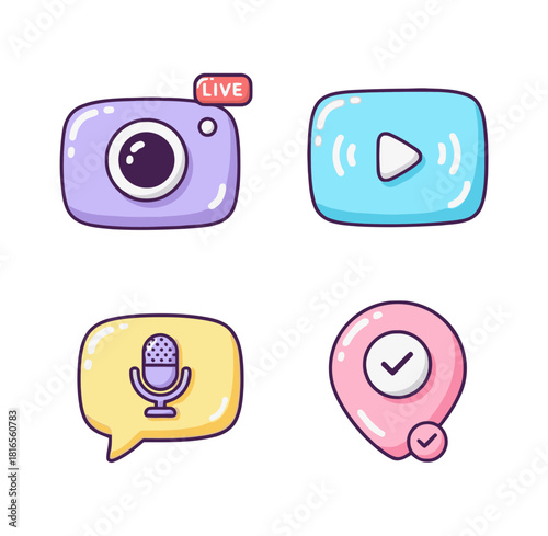 Cute candy-colored social media and communication icons set: live camera, video play button, microphone chat bubble, and checked location pin.