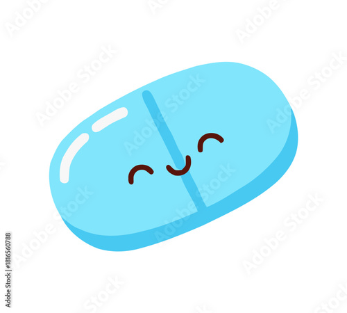 Cute candy-colored blue happy medicine tablet pill icon for health, pharmacy, and cheerful medical treatment illustration.