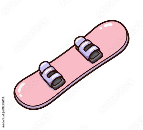 Cute candy-colored pink snowboard icon with bindings for winter sports, leisure activities, and mountain recreation illustration.