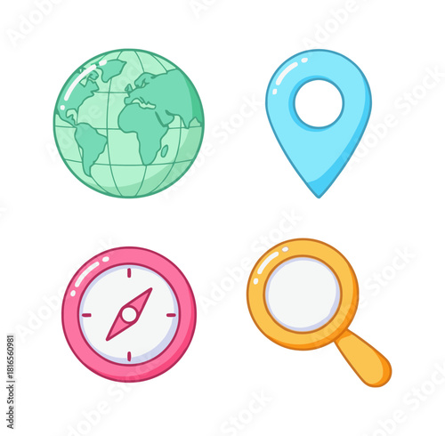 Adorable Candyland Pastel World Map and Navigation Icons Set Including Globe, Pin, Compass, and Magnifying Glass