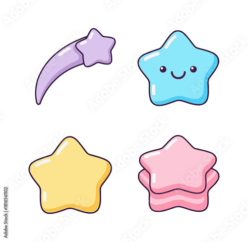 Adorable Candyland Pastel Space and Celestial Icons Set: Shooting Star and Kawaii Stars with Happy Faces