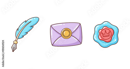 Royal Candyland Pastel Communication and Mail Icons: Feather Quill, Sealed Envelope, and Wax Seal with Crown