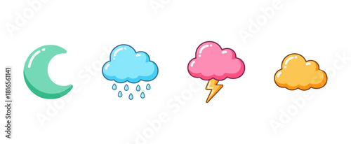 Sweet Candyland Pastel Weather Forecast Icons Set: Crescent Moon, Rain Cloud, Thunderstorm Cloud, and General Cloud