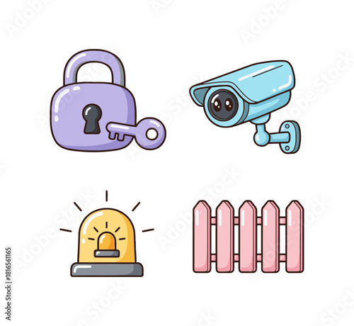 Simple Candyland Pastel Security and Protection Icons Set: Lock with Key, CCTV Camera, Siren Alarm, and Picket Fence