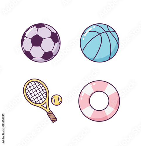 Cheerful Candyland Pastel Sports and Water Safety Icons: Soccer Ball, Basketball, Tennis Racket, and Lifebuoy Ring