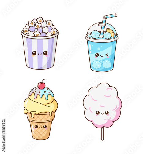 Delicious Candyland Pastel Movie Snack Icons: Popcorn, Soda Drink, Ice Cream Cone, and Cotton Candy