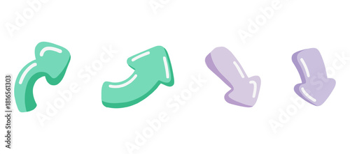 Simple Candyland Pastel Arrow Icons Set: Curved, Up-Right, Diagonal Down, and Straight Down Arrows for UI/UX Design
