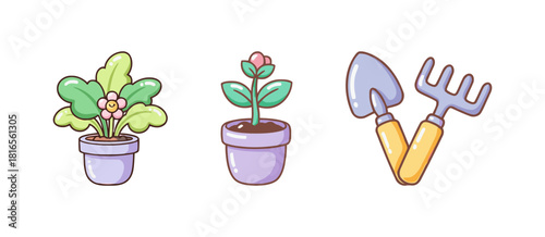 Cheerful Candyland Pastel Gardening Icons: Potted Plants with Flowers, Small Shovel, and Rake for Hobby and Nature