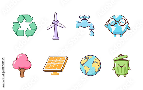 Adorable Candyland Pastel Environment and Ecology Icons: Recycling, Wind Turbine, Faucet, Earth, Tree, Solar Panel, Bin