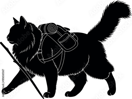 Black cat adventurer with backpack and stick