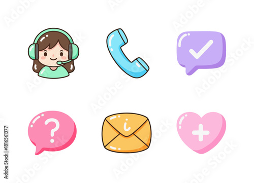 Sweet Candyland Pastel Communication and Customer Service Icons: Operator, Phone, Chat Bubbles, Mail, and Love