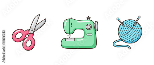 Cute Candyland Pastel Sewing and Craft Hobbies Icons: Scissors, Sewing Machine, and Yarn Ball with Knitting Needles