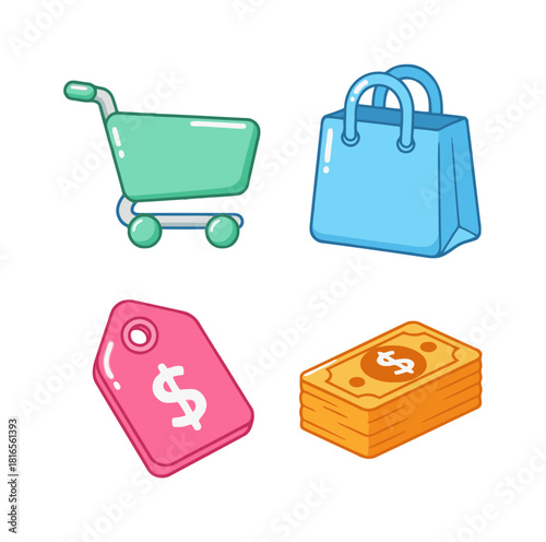 Cheerful Candyland Pastel E-commerce and Shopping Icons Set: Cart, Bag, Price Tag, and Stack of Money