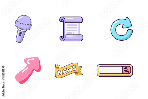 Adorable Candyland Pastel Web Navigation and Information Icons: Microphone, Scroll, Refresh, Arrow, News Banner, Search Bar