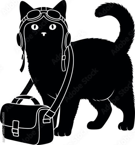Black cat pilot with vintage satchel