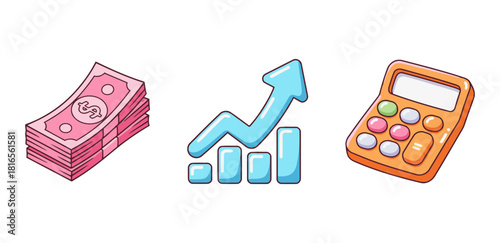Financial Growth and Accounting Icon Set: Pink Money Stack, Bar Chart with Arrow, and Calculator Illustration