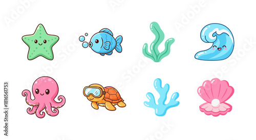 Kawaii Ocean and Sea Creatures Icon Set: Starfish, Fish, Octopus, Turtle, and Shell Illustrations in Candy Colors