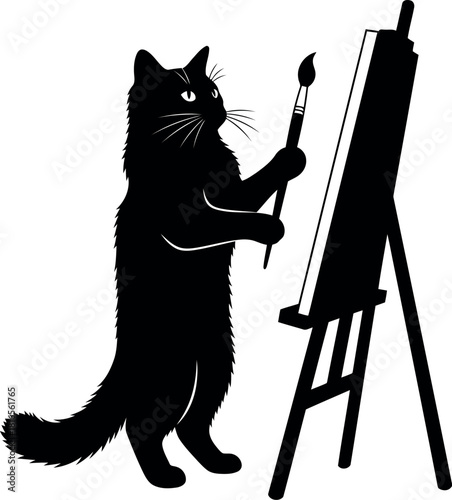 Black cat artist painting canvas easel silhouette