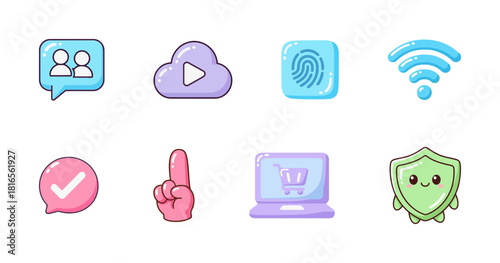 Modern Sweet Pastel Technology and Security Icon Set: Wi-Fi, Cloud Storage, Fingerprint, and E-commerce Laptop