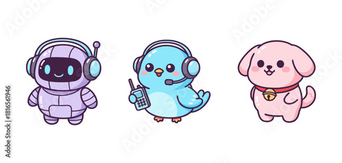 Adorable Customer Service and Mascot Icon Set: AI Robot, Support Bird, and Pink Puppy Dog Character Illustrations