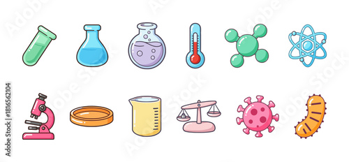 Science Laboratory and Biology Equipment Icons: Test Tube, Flasks, Thermometer, Molecule, Atom, Microscope, Dish, Balance, Virus, Bacteria in Sweet Kawaii Style