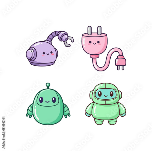 Cute Kawaii Robot and Technology Icons: Robotic Arm, Power Plug, and Two Adorable Robot Characters in Pastel Colors