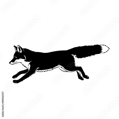 Stylized black fox running or leaping in a dynamic pose, depicted as a graphic silhouette against a white background.