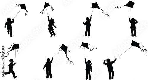 Children flying kites, outdoor play activity, silhouette kids with kites, childhood fun, leisure recreation, festival celebration, sky motion, flat vector design
