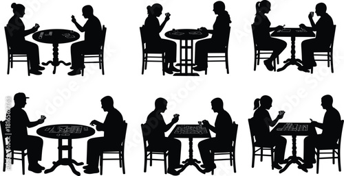 Board game silhouettes, people playing strategy vector, table gaming icons, social recreation illustration, competitive leisure activity, friends entertainment design