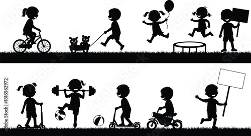 Children silhouettes playing outdoors, riding bicycle, scooter, tricycle, trampoline jumping, running, lifting weights, holding blank sign, childhood fun activities illustration
