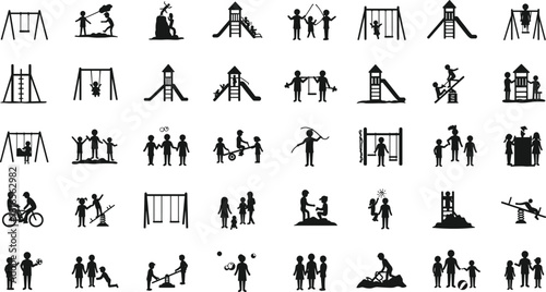 Children playground silhouette icons set, kids playing outdoors, swinging, sliding, climbing, jumping rope, cycling, ball games, sandcastle building illustration