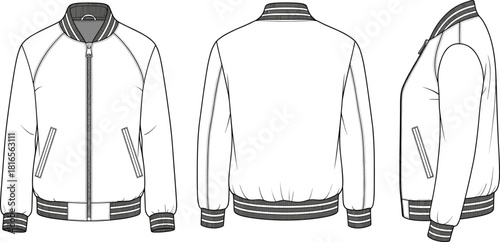 Bomber jacket flat sketch, technical fashion drawing, front back side view, CAD vector template, apparel design illustration, outerwear garment silhouette