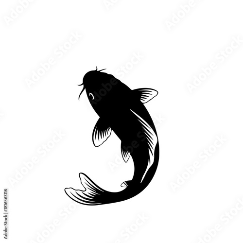 Black silhouette of a koi fish swimming, viewed from above, with stylized fins and barbels.