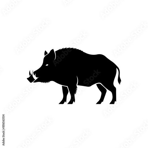 Black silhouette of a wild boar with prominent tusks, depicted in profile against a white background, representing strength and nature.