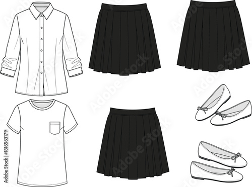 Clothing flat sketch set, technical fashion drawing, shirt t-shirt skirt shoes, CAD vector template, apparel design illustration, wardrobe garment collection