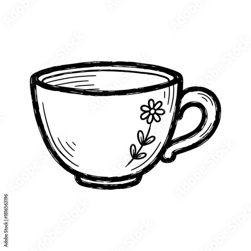 Hand-drawn outline teacup illustration with simple flower doodle art
