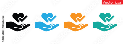 Hand holding heart with check mark symbol for approval and love,Hand and Heart Icon. Vector isolated flat illustration,Vector Heart With Check Mark Icon Set