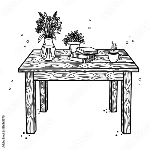 Black and White Line Art Tabletop with Books, Plants, Coffee