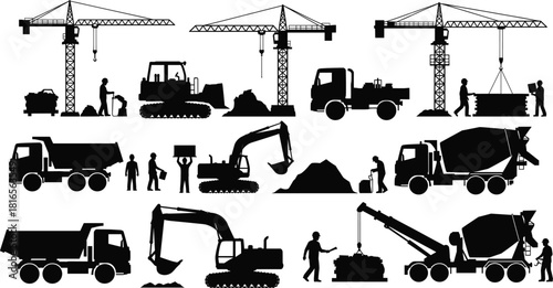 Construction silhouette collection, heavy machinery, workers, cranes, bulldozers, excavators, cement mixers, dump trucks, building site, industrial labor, teamwork - flat vector