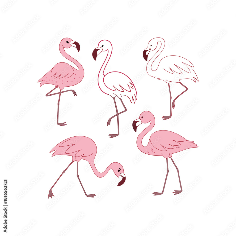 Obraz premium Set of cute pink flamingos vector illustration in nature