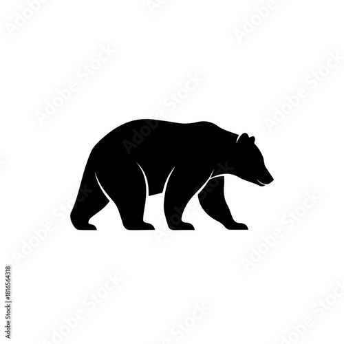 A striking black silhouette of a bear walking, depicted in a simple and bold graphic style.