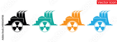 Colorful nuclear power plant icons representing energy production,Nuclear power electricity icon set.Power related icons. Green energy vector icons set.Renewable nuclear reactor power generator symbol