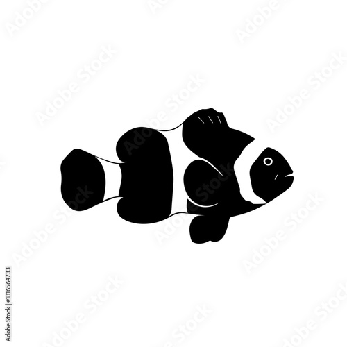 Stylized black and white illustration of a clownfish swimming gracefully in an aquatic environment.