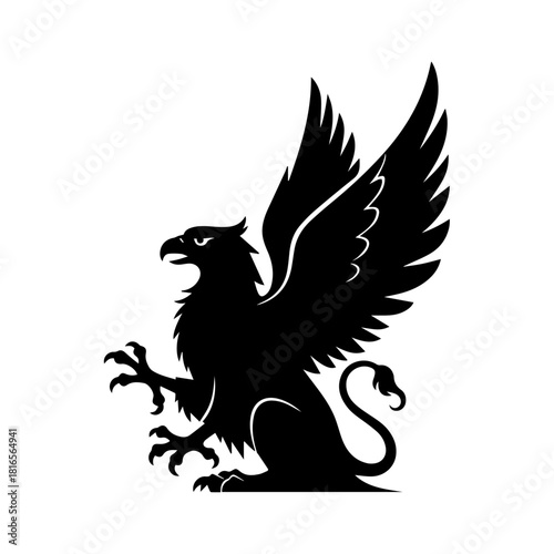 A majestic black griffin with outstretched wings, depicted in a heraldic style, on a white background.