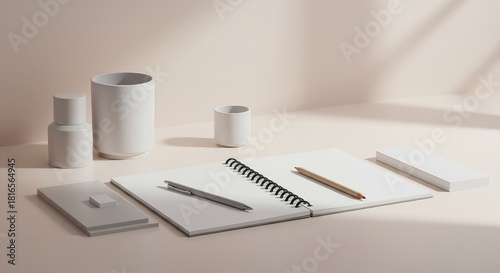 A minimal office desk setup featuring a white notebook and simple supplies on a smooth, pale surface. The lighting is bright and airy ,illustration ,seamless ,soft focus