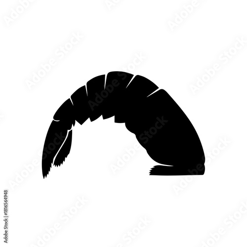 Black silhouette of a curved shrimp or prawn tail on a white background.