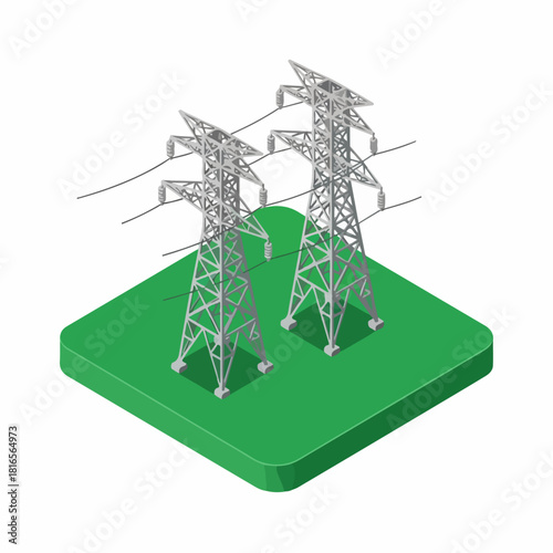 Twin steel towers placed side by side forming dual-circuit transmission path, isometric view, simple and minimalist flat design with plain white background.