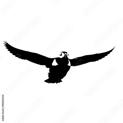 Black silhouette of a puffin or seabird in flight with wings spread wide, viewed from the front against a white background.