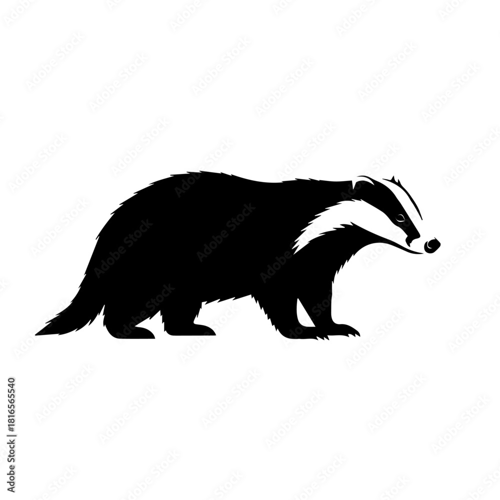 Obraz premium Black and white silhouette illustration of a badger walking, side profile.